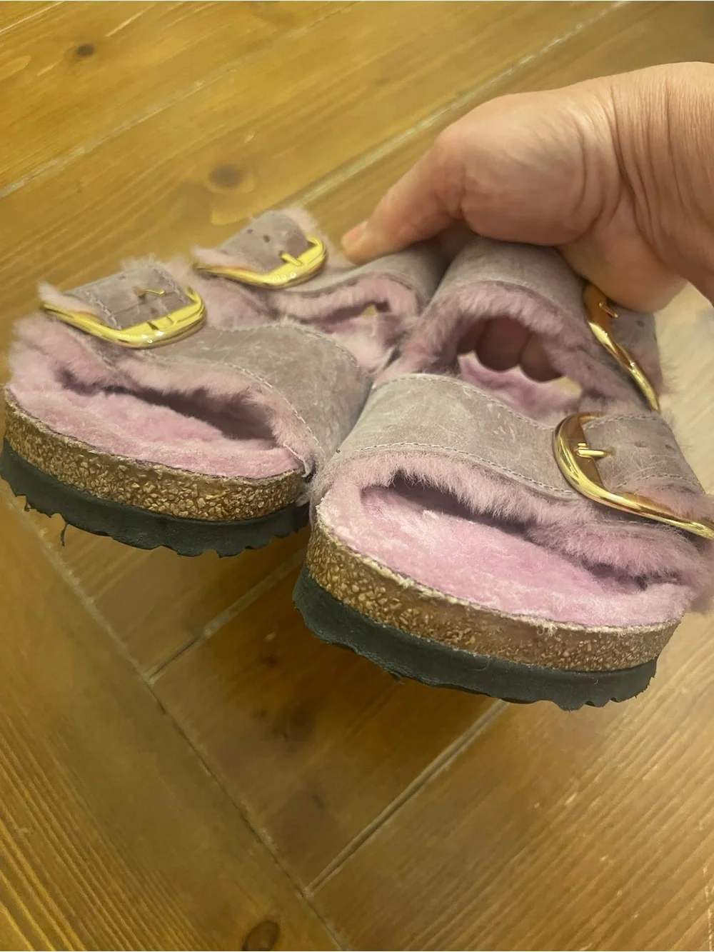 Birkenstock Fuzzy Double-Buckle Slides in Mauve Pink - Picture 4 of 5